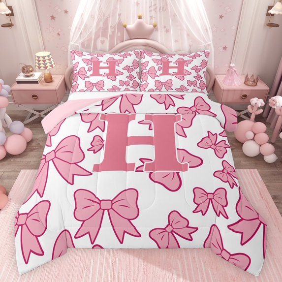 Castle Fairy Kids Children Pink Bow Personalized Initial H Bedding Comforter Set 2pcs,Dreamy Princess Bow-Tie Twin Comforter Sets Microfiber,Cute Bowknot Bow Breathable Bedding Set