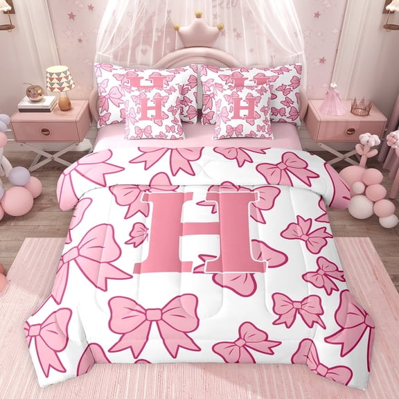 Castle Fairy Kids Children Pink Bow Personalized Initial H Twin Bedding Sets 7-Piece,Dreamy Princess Bow-Tie Bedding Comforter Set Microfiber,Cute Bowknot Bow Breathable Sheet Sets