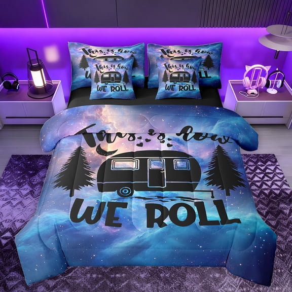 Castle Fairy Kids Children RV Car Twin Bedding Sets 7-Piece,Happy Camping Adventure Bedding Comforter Set Microfiber,Universe Galaxy Breathable Sheet Sets,Luxury Bedroom Decor,Reversible