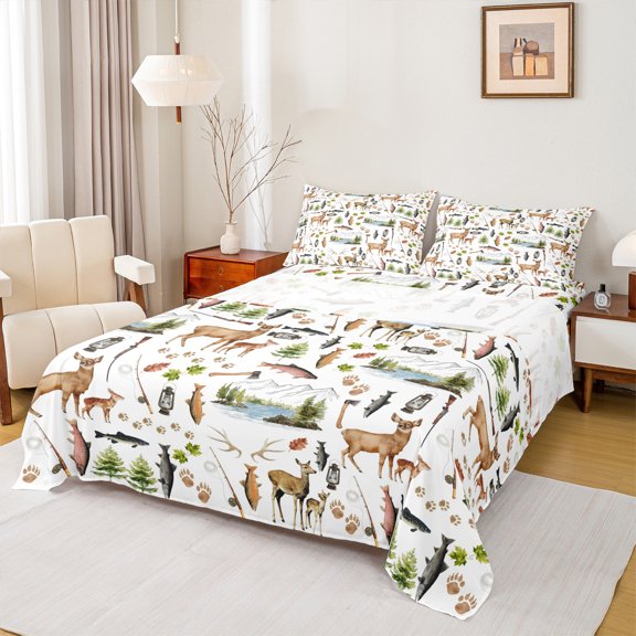 Castle Fairy Kids Children Teens Animal Deer Big Bass Fish 4 Pieces Queen Sheet Sets,Wildlife Fishing And Hunting Ultra Soft Flat Sheet,Moutain Woodland Queen Fitted Sheet,Breathable Home Decor