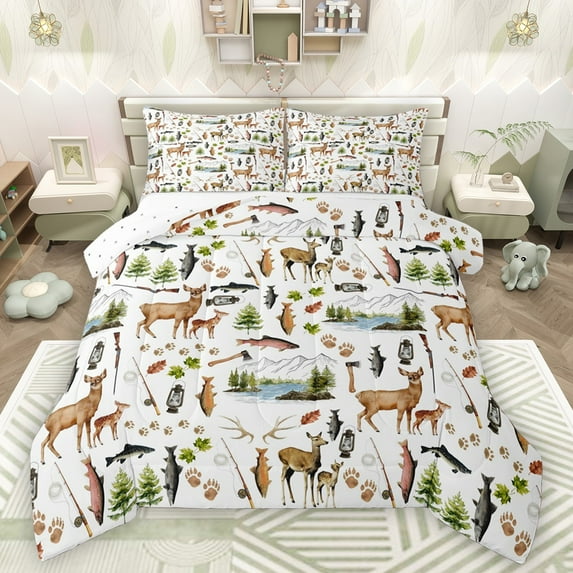 Castle Fairy Kids Children Teens Animal Deer Big Bass Fish Bedding Comforter Set 2pcs,Wildlife Fishing And Hunting Twin Comforter Sets Microfiber,Moutain Woodland Breathable Bedding Set