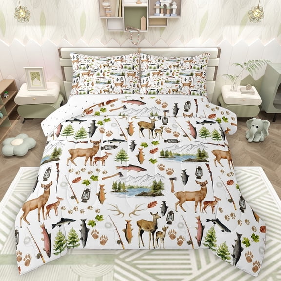 Castle Fairy Kids Children Teens Animal Deer Big Bass Fish Full Size Comforter Sets 3-Piece,Wildlife Fishing And Hunting Bedding Comforter Set,Moutain Woodland Lightweight Bedding Sets