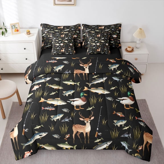 Castle Fairy Kids Children Teens Animal Deer Mallard Duck Bedding Comforter Set 7-Piece,Big Bass Fish Fishing King Bedding Sets,Wildlife Hunting Ultra Soft Bed Sheets,Breathable Home Decor