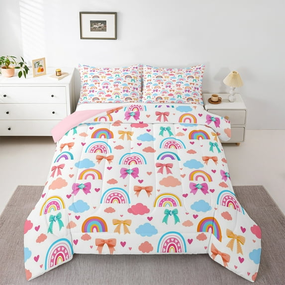 Castle Fairy Kids Children Teens Cartoon Colorful Bowtie Bedding Comforter Set 2pcs,Kawaii Rainbow Twin Comforter Sets Microfiber,Love Heart Print Breathable Bedding Set,Lightweight Room Decor