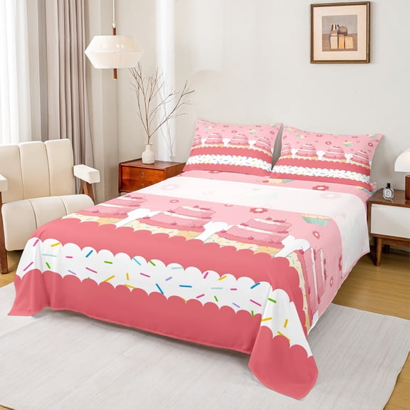 Castle Fairy Kids Children Teens Cartoon Cupcake Dessert 4 Pieces Queen Sheet Sets,Kawaii Floral Flowers Ultra Soft Flat Sheet,Dreamy Princess Food Queen Fitted Sheet,Breathable Home Decor