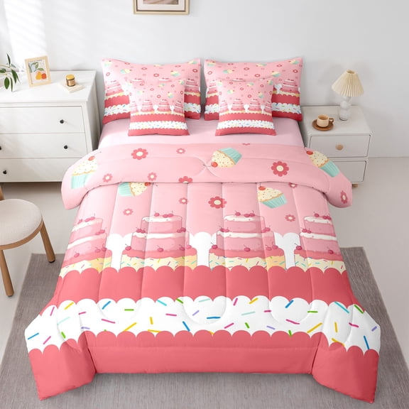 Castle Fairy Kids Children Teens Cartoon Cupcake Dessert Bedding Comforter Set 7pcs,Kawaii Floral Flowers Queen Bedding Sets Super Cozy,Dreamy Princess Food Queen Sheet Sets,Breathable Home Decor
