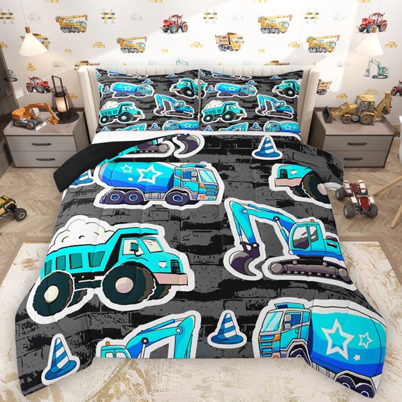 Castle Fairy Kids Children Teens Cartoon Truck 3 Pieces Queen Comforter Set,Construction Vehicles Ultra Soft Bedding Sets,Cute Tractor Excavator Bedding Comforter Set Breathable
