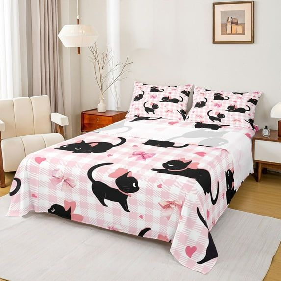 Castle Fairy Kids Children Teens Cute Black Cats Full Size Sheets 4-Piece,Cartoon Ribbon Bow Knot Breathable Bed Sheets,Kawaii Geometric Plaid Lightweight Sheet Sets,Luxury Bedroom Decor