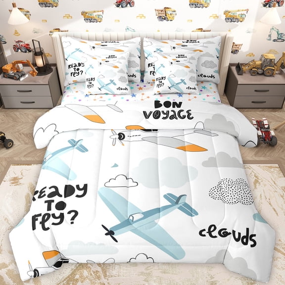 Castle Fairy Kids Children Teens Kawaii Airplane Bedding Comforter Set 7-Piece,Aircraft Airplane King Bedding Sets,Transportation Theme Ultra Soft Bed Sheets,Microfiber Bedroom Decor,Reversible