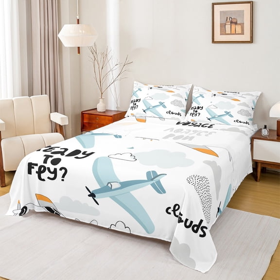 Castle Fairy Kids Children Teens Kawaii Airplane Twin Sheet Sets 3pcs,Aircraft Airplane Twin Fitted Sheet Microfiber,Transportation Theme Breathable Flat Sheet,Microfiber Bedroom Decor