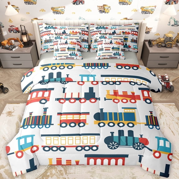 Castle Fairy Kids Children Teens Kawaii Railway Train Bedding Comforter Set 7 Pieces,Car Theme Full Bedding Set Lightweight,Transportation Theme Fitted Sheet Flat Sheet,Microfiber Bedroom Decor