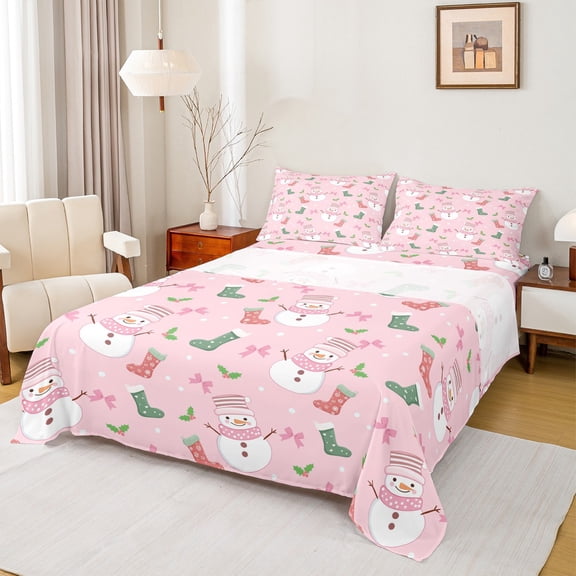 Castle Fairy Kids Children Xmas Snowman Twin Sheet Sets 3pcs,Merry Christmas Twin Fitted Sheet Microfiber,Happy New Year Breathable Flat Sheet,Ultra Soft Home Decor