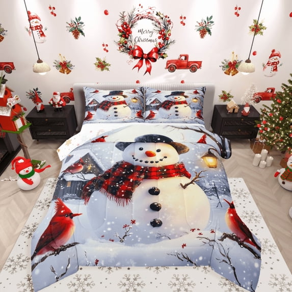 Castle Fairy Kids Christmas Snowman 2pcs Bedding Comforter Set,Cardinal Bird Twin Comforter Sets,Merry Christmas Breathable Bedding Set,Lightweight Room Decor
