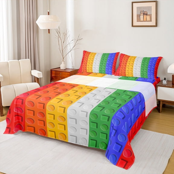 Castle Fairy Kids Colorful Brick 4 Pieces Queen Sheet Sets,Building Blocks Ultra Soft Flat Sheet,Construction Game Queen Fitted Sheet,Ultra Soft Home Decor