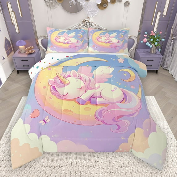 Castle Fairy Kids Cute Animal Unicorn 2Pcs Bedding Comforter Set,Kawaii Rainbow Twin Comforter Sets,Dreamy Princess Breathable Bedding Set,Microfiber Bedroom Decor