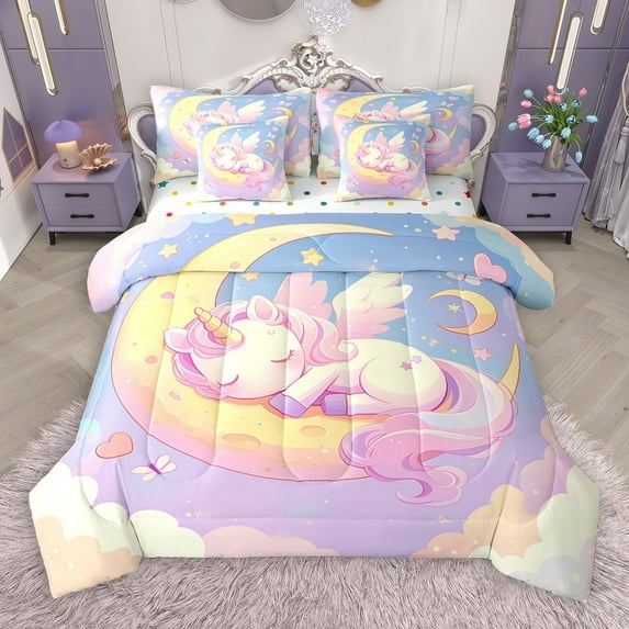 Castle Fairy Kids Cute Animal Unicorn 7-Piece Twin Bedding Sets,Kawaii Rainbow Bedding Comforter Set,Dreamy Princess Breathable Sheet Sets,Microfiber Bedroom Decor