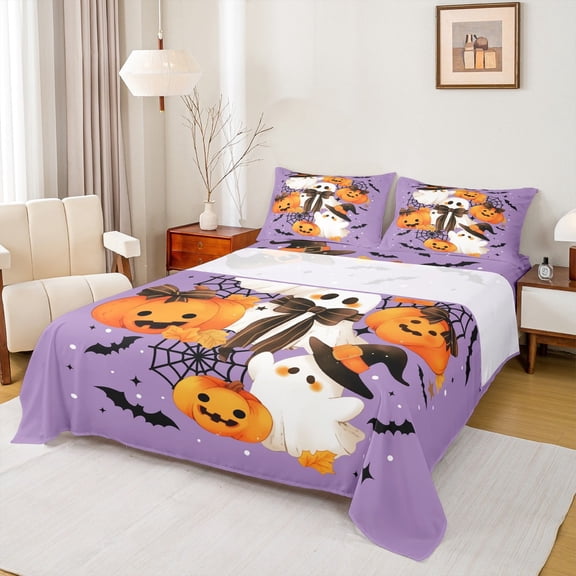Castle Fairy Kids Cute Ghost 4 Pieces Queen Sheet Sets,Orange Pumpkin Ultra Soft Flat Sheet,Festival Halloween Queen Fitted Sheet,Luxury Bedroom Decor