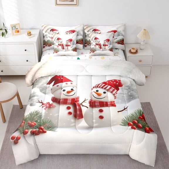 Castle Fairy Kids Cute Snowman 7-Piece Bedding Comforter Set,Happy New Year King Bedding Sets,Merry Christmas Ultra Soft Bed Sheets,Breathable Home Decor