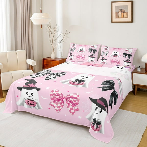 Castle Fairy Kids Flower Ghost 4 Pieces Queen Sheet Sets,Cartoon Bowknot Ultra Soft Flat Sheet,Festival Halloween Queen Fitted Sheet,Breathable Home Decor
