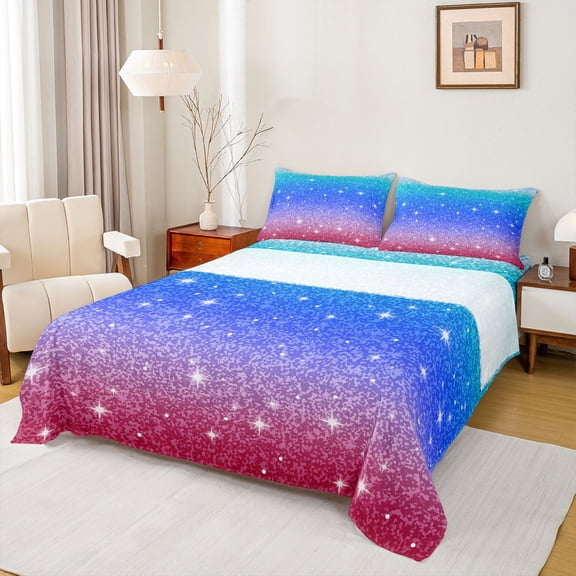Castle Fairy Kids Girls Black Blue Glitter Print Twin Sheet Sets,Abstract Gradient Bedding