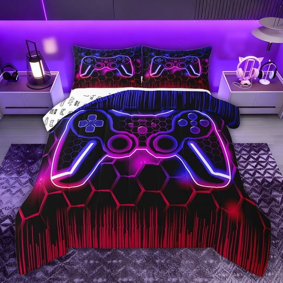 Castle Fairy Kids Gradient Hexagon Gamer Twin Comforter Sets,Abstract Stripes Bedding Set