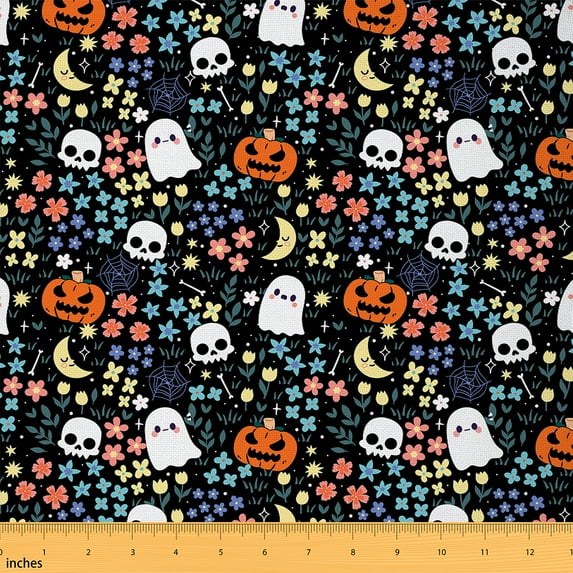 Castle Fairy Kids Halloween Ghost Fabric by the Yard 2 Yards,Chic Flower Room Decor Fabric by the Yard,Pumpkin Skull Sewing Fabric,Microfiber Bedroom Decor