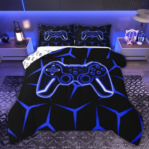 Castle Fairy Kids Hexagon Gamer Full Size Comforter Sets,Abstract Geometric Bedding Sets