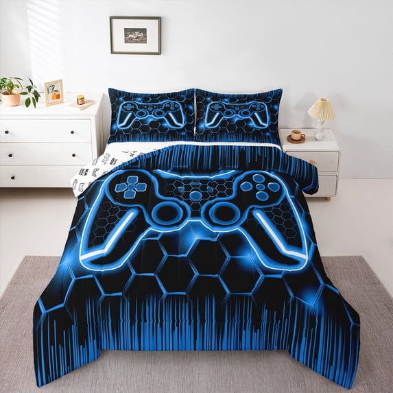 Castle Fairy Kids Hexagon Gamer Full Size Comforter Sets,Abstract Stripes Bedding Sets