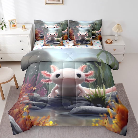 Castle Fairy Kids Kawaii Axolotl Bedding Comforter Set,Sea Salamander Queen Bedding Sets
