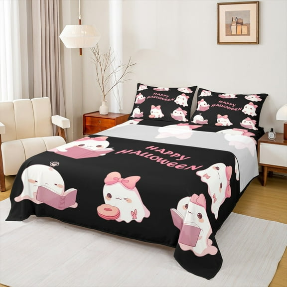 Castle Fairy Kids Kawaii Bowknot 4-Piece Full Size Sheets,Halloween Ghost Bed Sheets,Black Pink Lightweight Sheet Sets,Microfiber Bedroom Decor