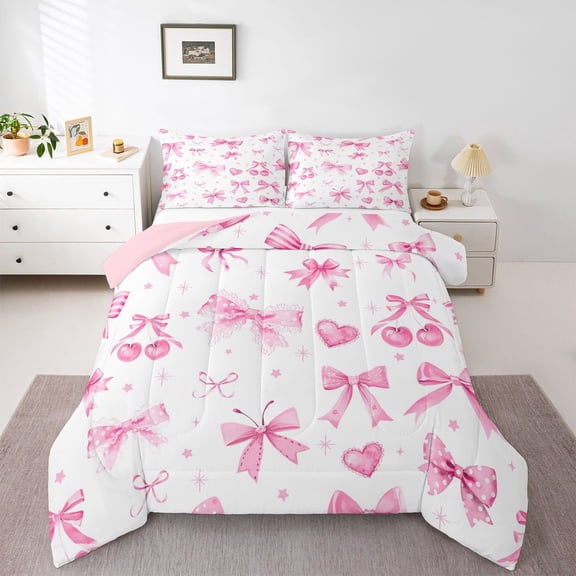 Castle Fairy Kids Kawaii Cherry Bow Twin Comforter Sets,Dreamy Bowknot Bedding Set