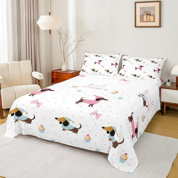 Castle Fairy Kids Kawaii Dachshund 3pcs Twin Sheet Sets,Pink Bowknot Twin Fitted Sheet,Polka Dots Breathable Flat Sheet,Lightweight Room Decor