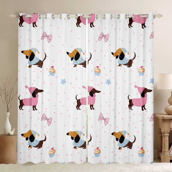 Castle Fairy Kids Kawaii Dachshund Curtains Pack of 2 (42x84 Each),Pink Bowknot Curtains Blackout,Polka Dots Bedroom Curtains,Lightweight Room Decor