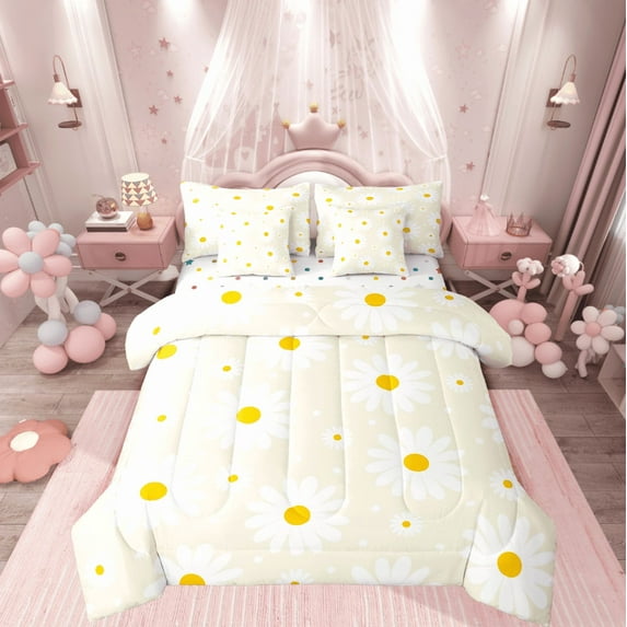 Castle Fairy Kids Kawaii Daisy 7 Pieces Bedding Comforter Set,Polka Dots Full Bedding Set Lightweight,Chic Flower Fitted Sheet Flat Sheet,Ultra Soft Home Decor
