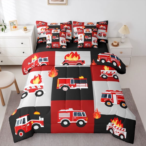 Castle Fairy Kids Kawaii Fire Truck Bedding Comforter Set,Geometric Plaid Full Bedding Set