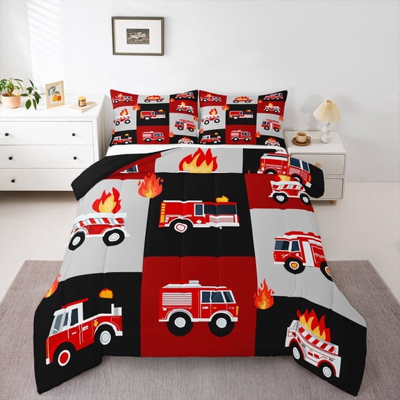 Castle Fairy Kids Kawaii Fire Truck Twin Comforter Sets,Geometric Plaid Bedding Set