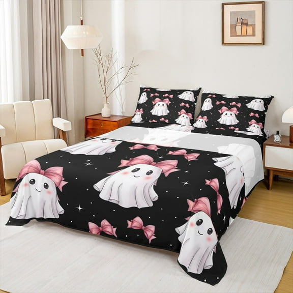 Castle Fairy Kids Kawaii Ghost 4-Piece Full Size Sheets,Pink Bow Bed Sheets,Starry Sky Lightweight Sheet Sets,Super Cozy Room Decor
