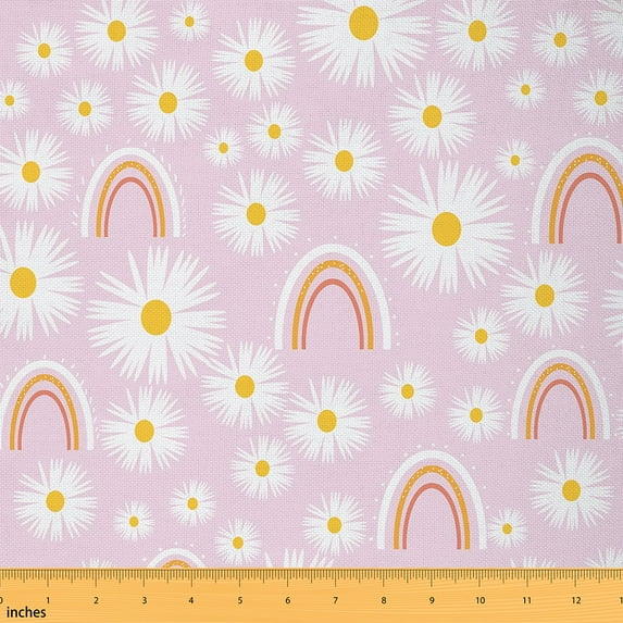 Castle Fairy Kids Kawaii Rainbow Fabric by the Yard 1 Yard,Floral Daisy Home Decor Fabric by the Yard,Pink White Room Decor Fabric by the Yard,Ultra Soft Home Decor