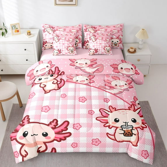 Castle Fairy Kids Kawaii Salamander Bedding Comforter Set,Geometric Plaid Full Bedding Set
