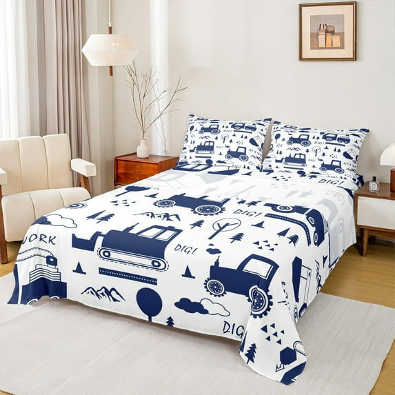 Castle Fairy Kids Kawaii Tractor 3pcs Twin Sheet Sets,Equipment Car Twin Fitted Sheet,Construction Vehicles Breathable Flat Sheet,Super Cozy Room Decor