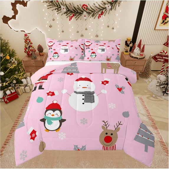 Castle Fairy Kids Penguin Deer 2pcs Bedding Comforter Set,Christmas Snowman Twin Comforter Sets,Festival Xmas Breathable Bedding Set,Lightweight Room Decor