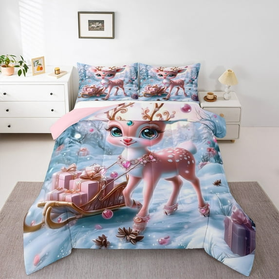 Castle Fairy Pink Deer Christmas Comforter Set (Queen), 3-Piece
