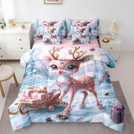 Castle Fairy Kids Pink Deer 7pcs Bedding Comforter Set,Merry Christmas Queen Bedding Sets Super Cozy,Happy New Year Queen Sheet Sets,Super Cozy Room Decor