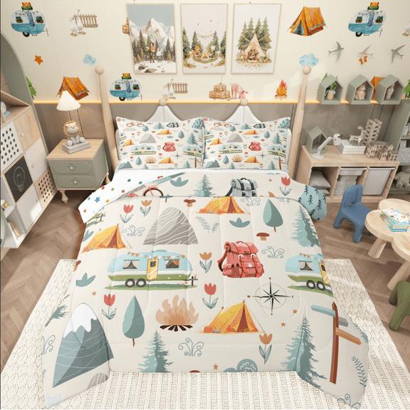 Castle Fairy Kids RV Car 2pcs Bedding Comforter Set,Happy Camping Twin Comforter Sets,Adventure Theme Breathable Bedding Set,Lightweight Room Decor