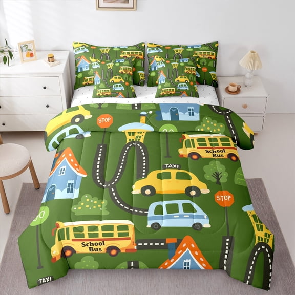 Castle Fairy Kids School Bus 7pcs Bedding Comforter Set,Cartoon Car Queen Bedding Sets Super Cozy,Green Yellow Queen Sheet Sets,Ultra Soft Home Decor