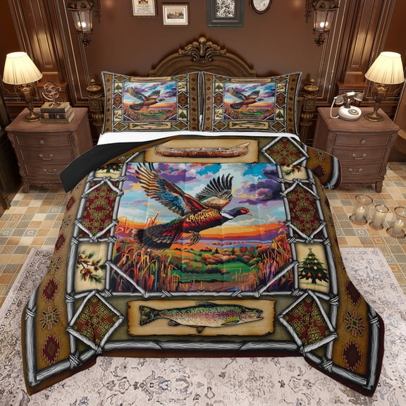 Castle Fairy Kids Teenagers Adults Animal Pheasant Pike Fish Bedding Comforter Set 2pcs,Boho Aztec Vintage Aesthetic Twin Comforter Sets Microfiber,Fishing And Hunting Breathable Bedding Set