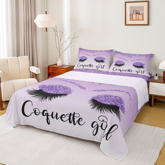 Castle Fairy Kids Teenagers Black Purple Eyelash Twin Sheet Sets,Dreamy Princess Bedding