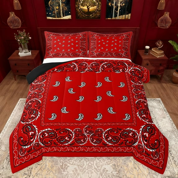 Castle Fairy Kids Teenagers Boho Red Paisley Bedding Comforter Set 2pcs,Abstract Hippie Exotic Style Flower Twin Comforter Sets Microfiber,Bohemian Mandala Vintage Aesthetic Breathable Bedding Set