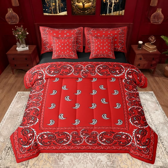 Castle Fairy Kids Teenagers Boho Red Paisley Bedding Comforter Set 7-Piece,Abstract Hippie Exotic Style Flower King Bedding Sets,Bohemian Mandala Vintage Aesthetic Ultra Soft Bed Sheets