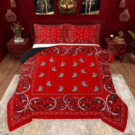 Castle Fairy Kids Teenagers Boho Red Paisley Full Size Comforter Sets 3-Piece,Abstract Hippie Exotic Style Flower Bedding Comforter Set,Bohemian Mandala Vintage Aesthetic Lightweight Bedding Sets